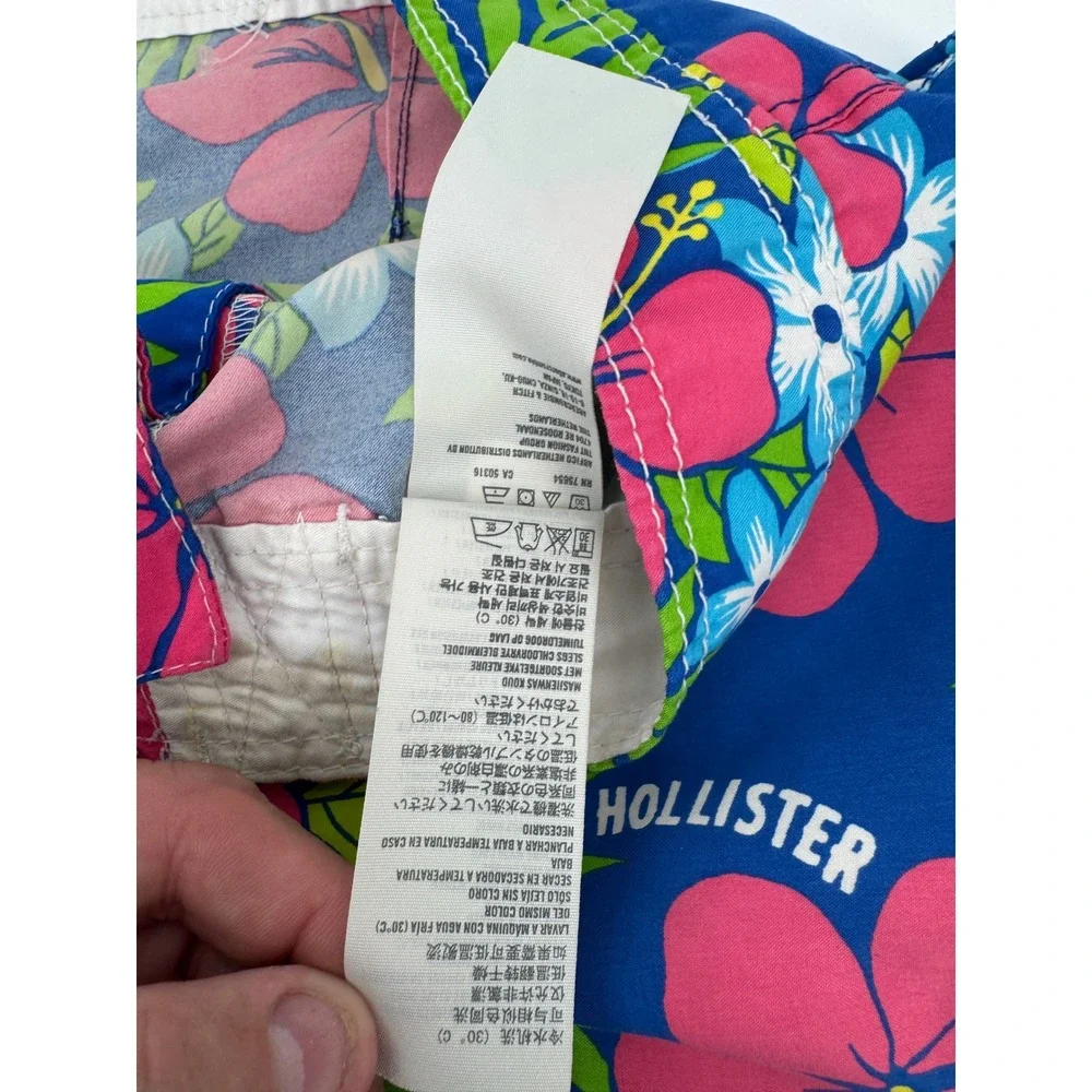 Hollister Board Shorts Men Large Blue Pink Hibiscus Floral Surf Beach Swim Trunk
